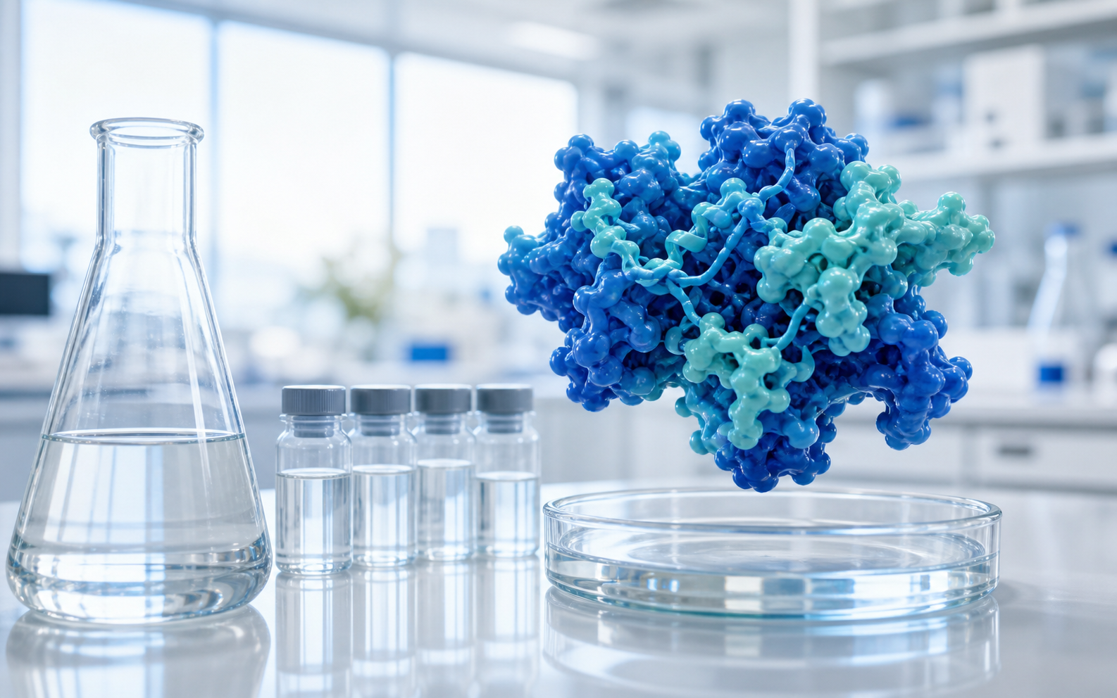 现代实验室中的蛋白质分子结构、培养皿与实验器皿